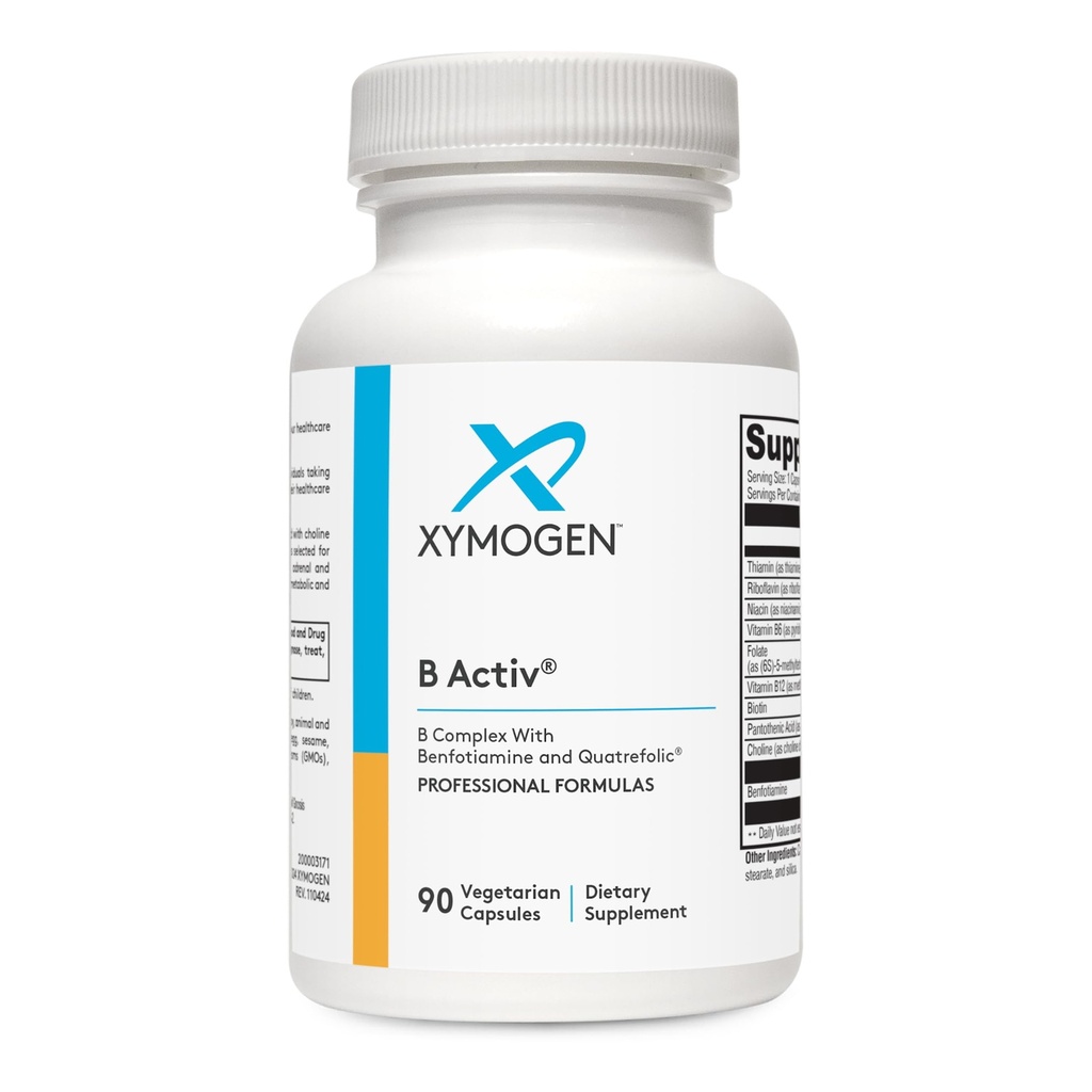 XYMOGEN B Activ Vitamin B Kompleks z benfotiaminom, metilfolatom, biotinom, vitaminom B6 & B12 (metilkobalamin b12) - energijski dodatki za adrenalno podporo in podporo razpoloženju (90 kapsul)