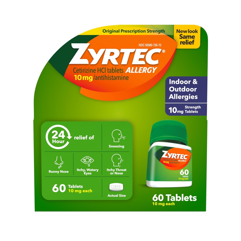 Zyrtec 24 ur Alergija Relief tablete, Notranja & Zunanja Alergija Medicina z 10 mg Cetirizine HCl per Antihistaminik Tableta, Relief of Alergies, 60 štev.