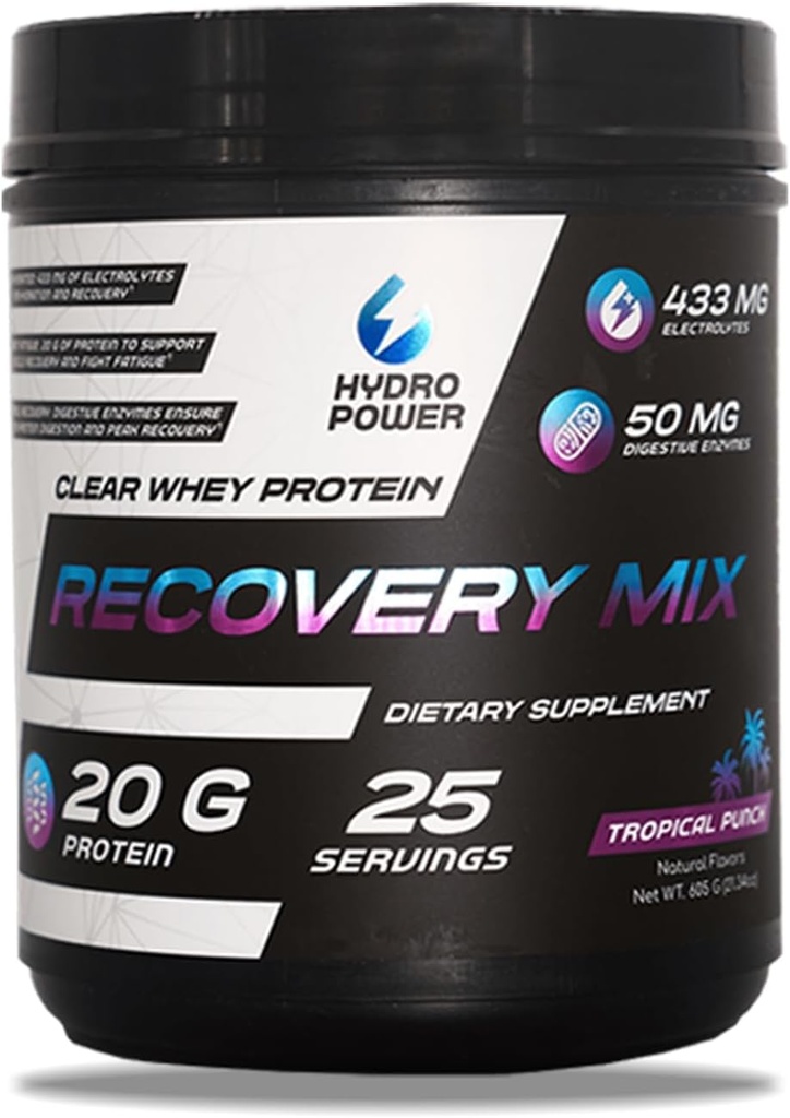 Hydro Power Clear Whey Protein Recovery Mix - Tropical Punch Flavor - 433mg Elektroliti & 20g Beljakovine - Zmogljivost goriva in recovery - Prehranski dodatek za moške in ženske - 25 Servingov