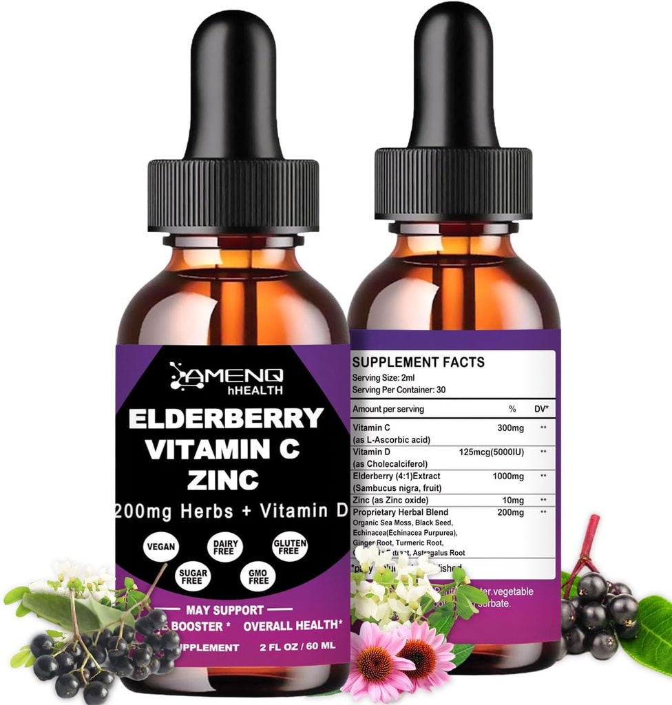 Organska borovnica Sirup, tekoče kapljice Bezgove jagode Vitamin C in cink za odrasle, 11- v-1 Sambucus Črna Bezgova jagoda Tinktura w/ Vitamin D3, Sea Moss Črno seme, Bezgova Imunska podpora dodatek