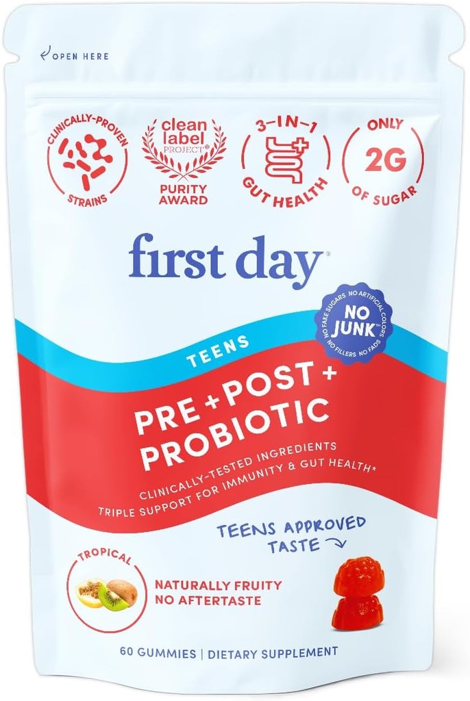 PRVI DAN Teens Gut Sustainer Tribiotic Gumies – 3-v-1 Prebiotik, Probiotic & Postbiotic dodatek – Podpira Prebavne, kože, oralno in imuno zdravje, Absorpcija in rast hranil – 30-dnevno oskrbo