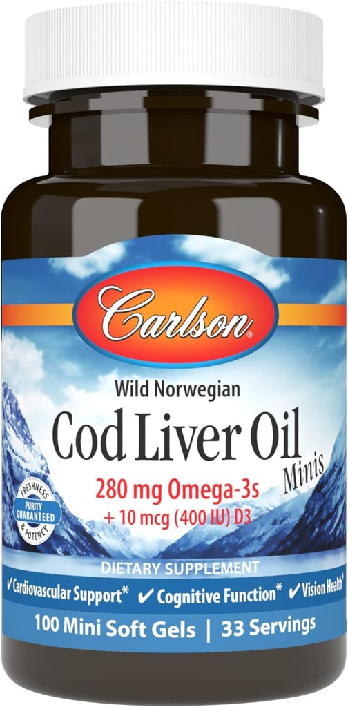 Carlson - Cod Liver Oil Minis, 280 mg Omega-3s + Vitamins A and D3, Norwegian, Wild Caught, Sustainably Sourced, 100 Mini Softgels