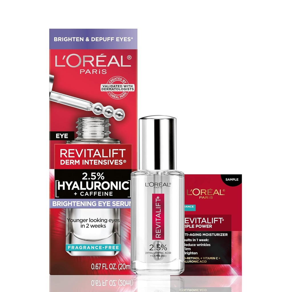 L'Oreal Paris Revitalift Hyaluronic Acid + Kofein Hydrating Eye Serum za temne kroge, Fragrance Free .67 fl. oz + Vlažilni vzorec