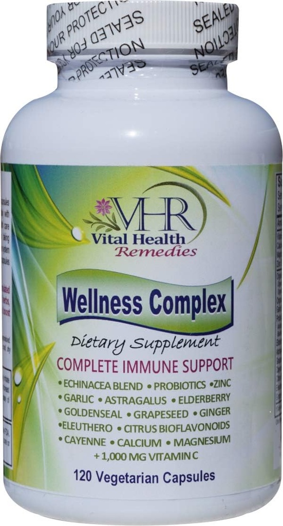 VHR Wellness Complex Imune Boosting Formula z Echinacea, Goldenseal, Česen, Probiotics, Elderberry, Astragalus, Grapeseed, Cayenne, Bioflavonoidi, Eleuthero, Ginger, VIT. C, cink. 120 Veg kape