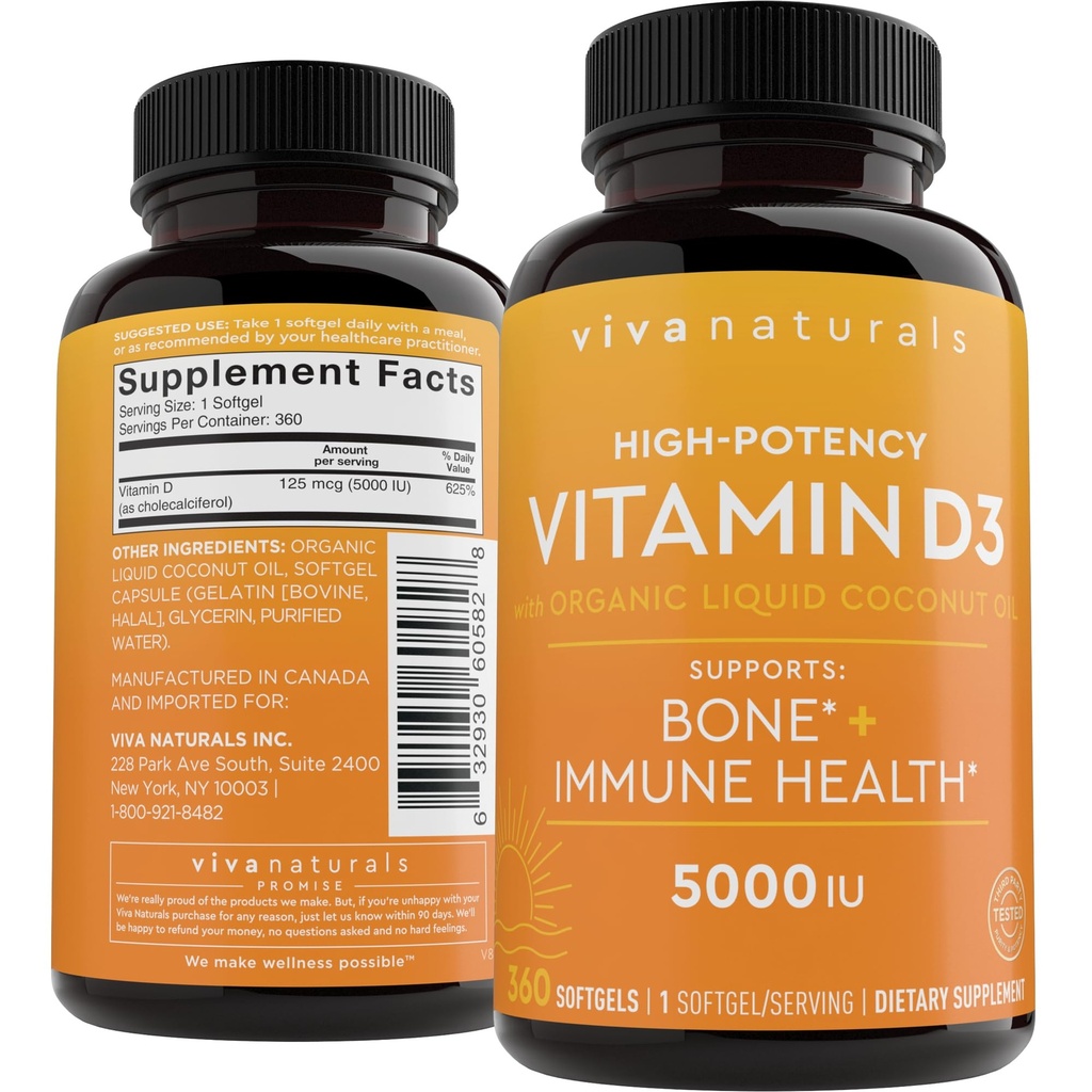 Viva Natural Vitamin D3 5000 i.e. softgels, 360 število (125 μg), podpira zdravje kosti in imunskega sistema, visoka jakost vitamina D