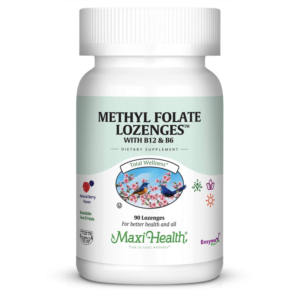 Maxi Health Metil Folate Lozenges z B12 & B6, aromatiziran spomin, kardiovaskularno zdravje Hormon in imunosubvanca Gluten prost, Kosher Berry, 90 Število