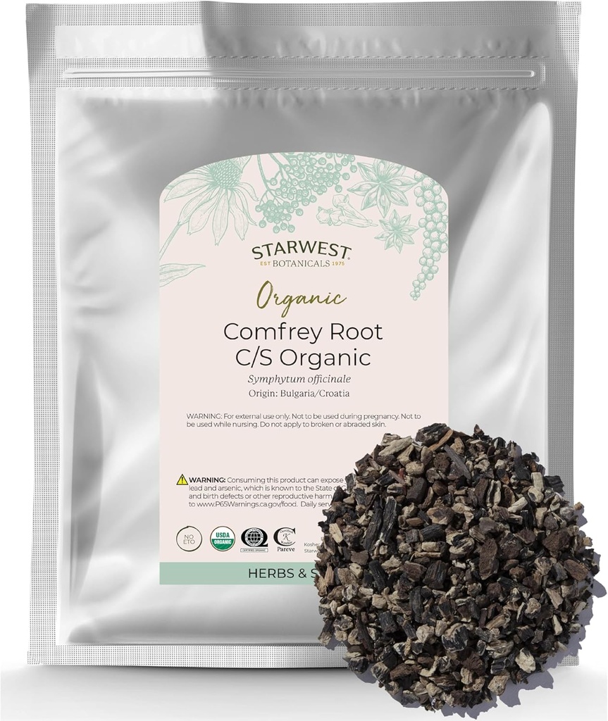 Starwest Botanicals Organic Sushed Comfrey Root - Naravni zelišče za topično uporabo, Salve ali olje, rezano & Sifted, Certified Kosher, Non-GMO - Bulk 1 lb Bag
