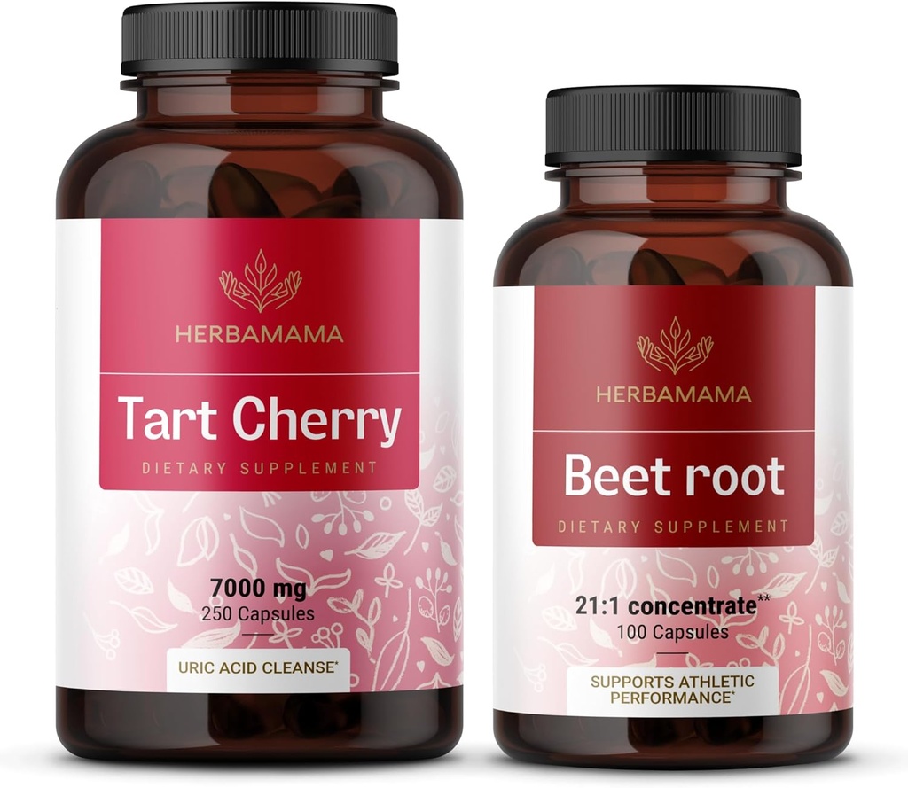 HERBAMAMA Tart Češnja in pesa koren Kit - paket 7000 mg Tart Cherry & 21:1 Koncentrat Beet Root kapsule - Vegan, Non-GMO, Želatina-free - 2 paket