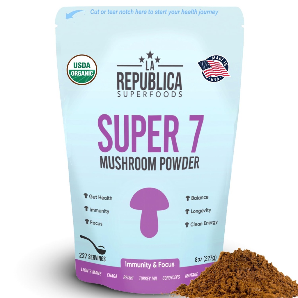 La Republica Superfood Super 7 ekstrakt gob v prahu, vključuje levjo grivo, Reishi, Chaga, Cordyceps, Shiitake, Maitake, in Turčija rep (8 oz)