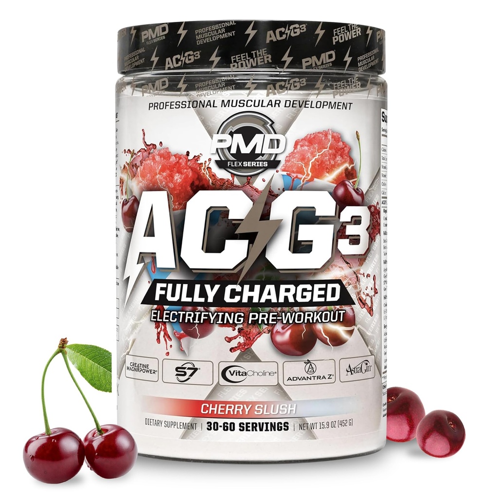 PMD Sports ACG3 Polno napolnjen - Electrifying Pre Workout Powder - High Energy & Pump Pre Workout za moške in ženske za povečanje fokusa, vzdržljivosti in uspešnosti - Cherry Slush (30-60 Servings)