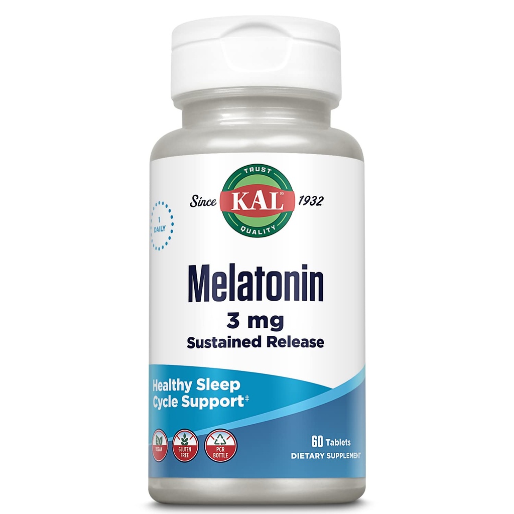 KAL Melatonin 3mg Release Sleep Aid, Melatonin Dodatek podpira zdravo sprostitev, mirno počutje in primeren cikel spanja, w/vgrajen vitamin B6, Vegan, Gluten Free 60 Serv, 60 tablet