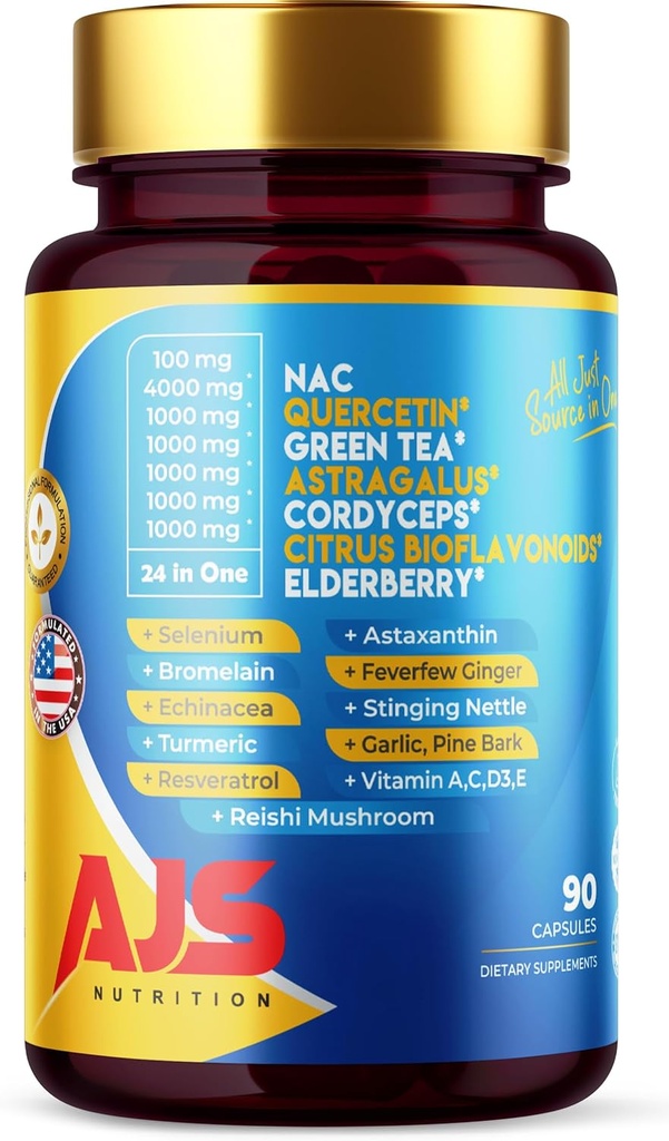 AJS Quercetin 4000mg z Nac Green Tea Cordycepscitrus Elderberry Selenij Bromelain Echinacea Turmer Resveratrol Astaksantin Fever ingver Reishi goba 90 Kap 20 v 1