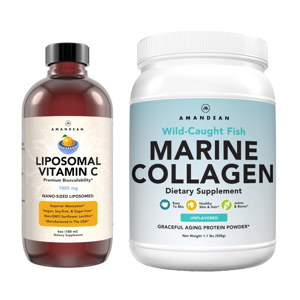 Marine Collagen Powder + Vitamin C - Popolna koža iz Combo. Fish Peptides, Liposomal VIT C Liquid 1000mg. Boost proizvodnja in sinteza za zdravo staranje, Lepota, Wellness.