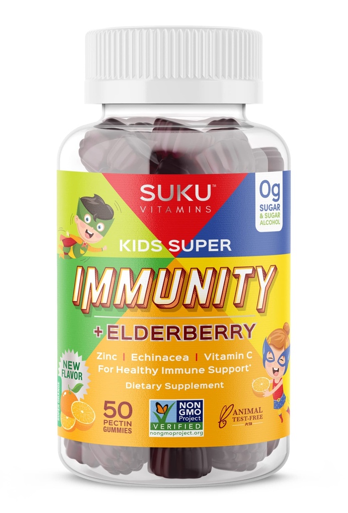 Vitamini SUKU - otroci Super Immuniteta - Elderberry, Echinacea, Vitamin A in cink Gummies za imunske podpore - enostaven za žvečenje - ne gensko spremenjeni, Gluten sladkor brez - Granatna limete Gummy Vitamini, 50 Število