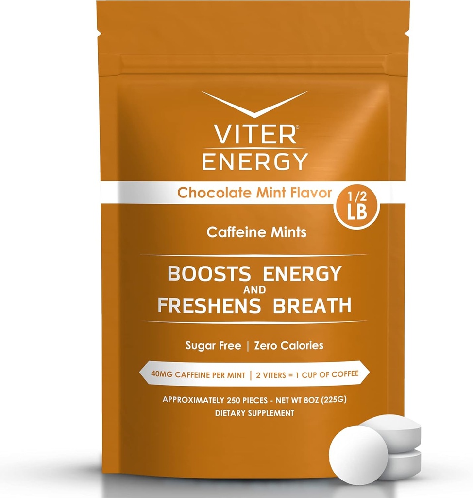 Viter Energija 40mg Kofeinske mete - brez sladkorja, B Vitamini, Vegan, Pospešuje hitro Energiran Alarm fokus, Kofeiniran nootropnih dodatkov tablete (Chocolate Mint Flavor, 8oz, Bulk Bag)