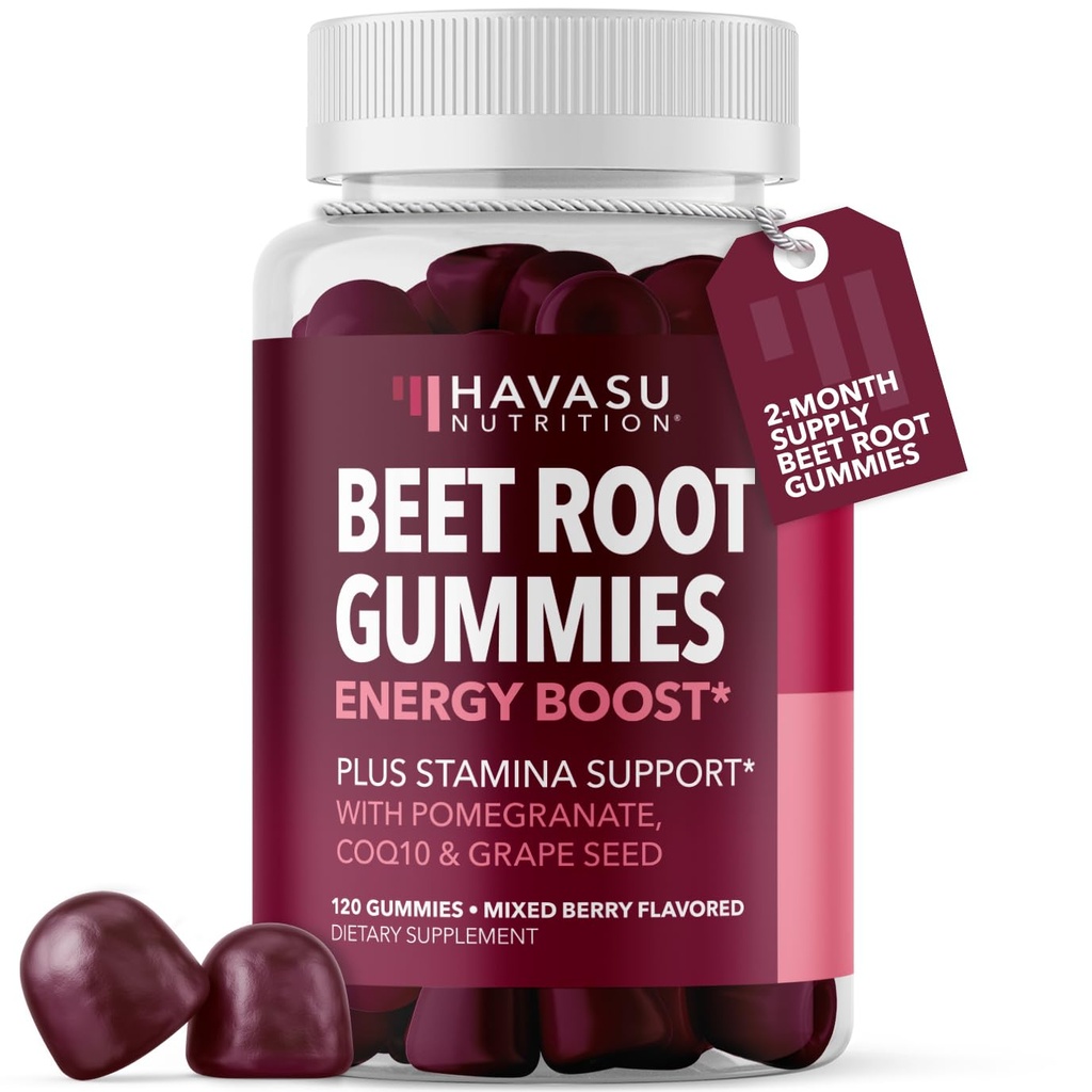 Beete Root Gummies s COQ10 & Pomegranate - dušikov oksid dopolnilo za moške in ženske - Pesa za vzdržljivost, zmogljivost, okrevanje - Vegan, Non-GMO, Gluten Free - Mešana jagodičja aroma, 120 Count