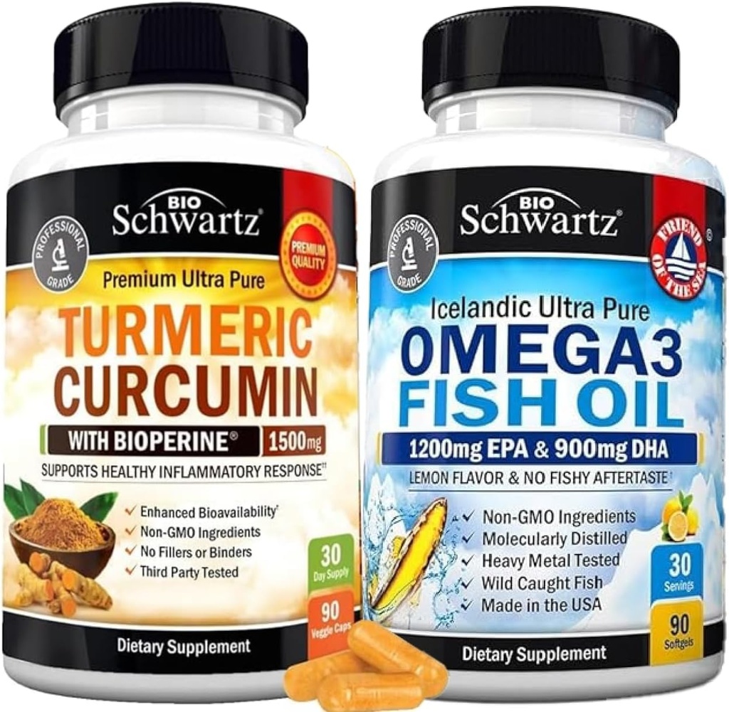 Trojna moč Omega 3 ribje olje softgels (1 mesec dobave) Plus kurkumin s črno papriko ekstrakt 1500mg kompleks (Trial velikost)