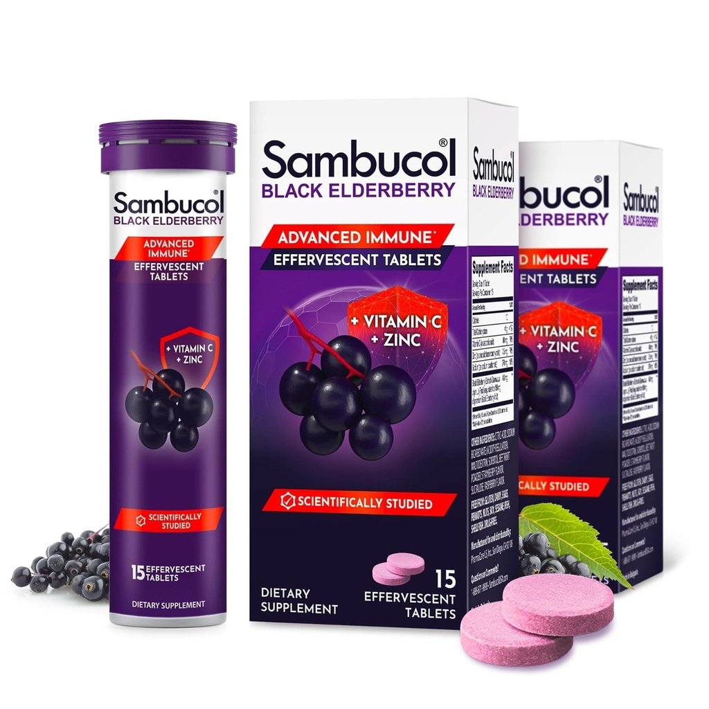 Sambucol Črna Bezgove tablete z vitaminom C in cinkom - Imunska podpora dodatek, Črna Bezgove jagode z cinkom in vitamin C šumeče tablete, visoke antioksidanti, pijača fizzies- 30 Število
