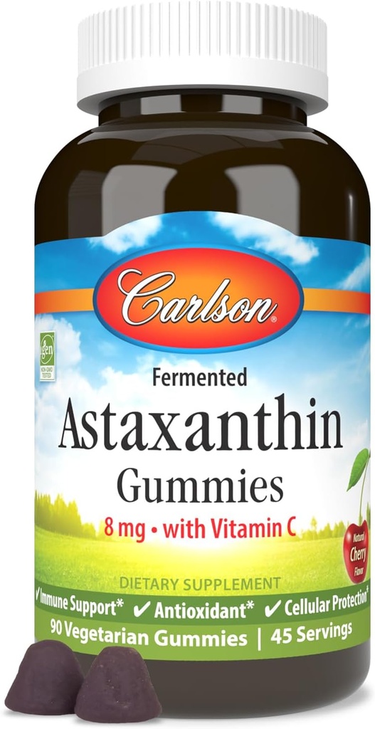 Carlson - Astaksantin Gumies, z vitaminom C, Imunska podpora, Antioksidant, Zdravje srca, Non-GMO, Cherry Flavor, 90 Vegetarian Gumies