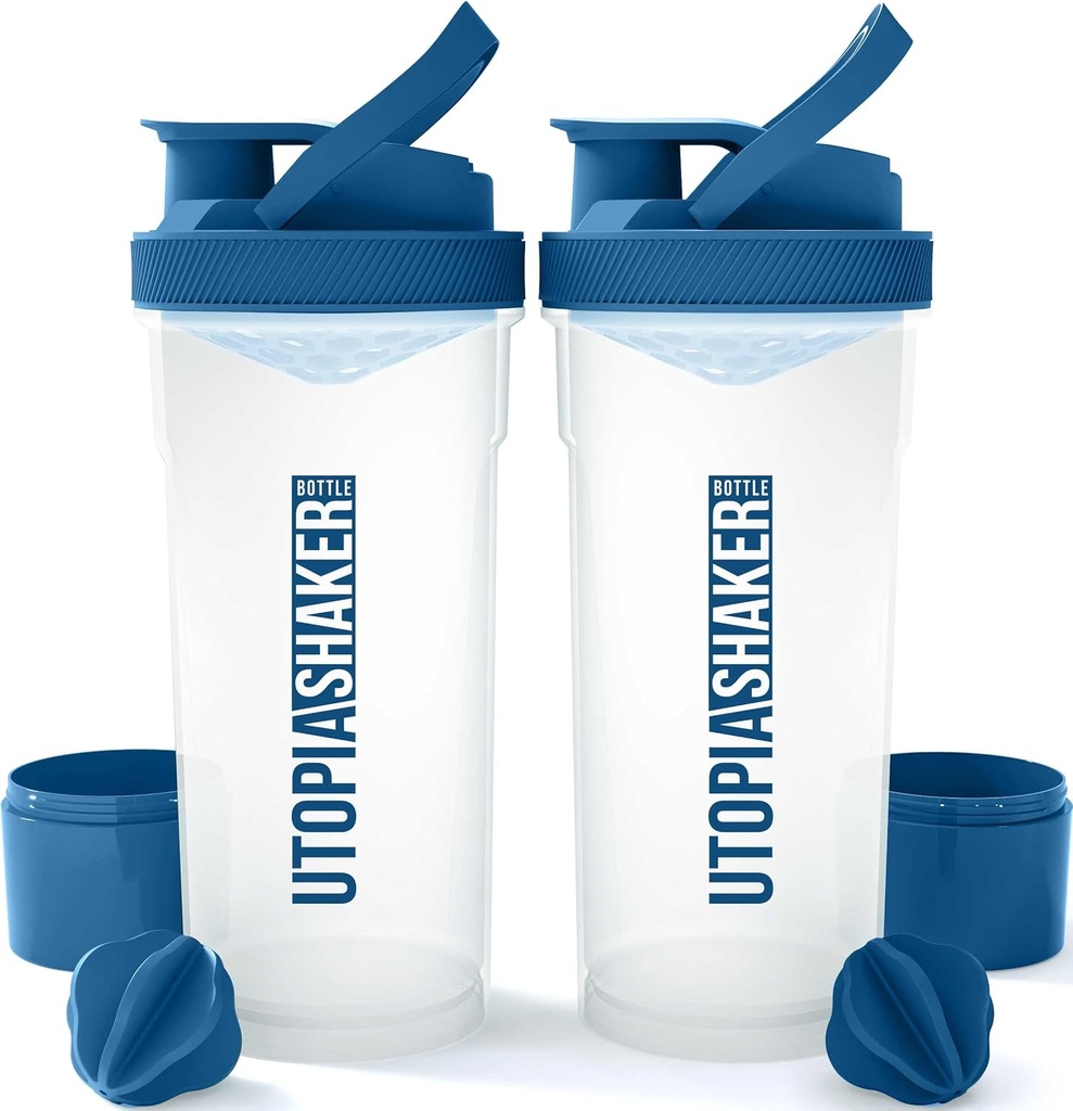 Utopija Home Shaker steklenica 2 Pakiranje - 24 Ounce Plastic Beljakovine ali Cocktail Shaker Steklenica za pred in post vadbo z Twist & Lock Beljakovine Box shranjevanje (Počisti / Navy)