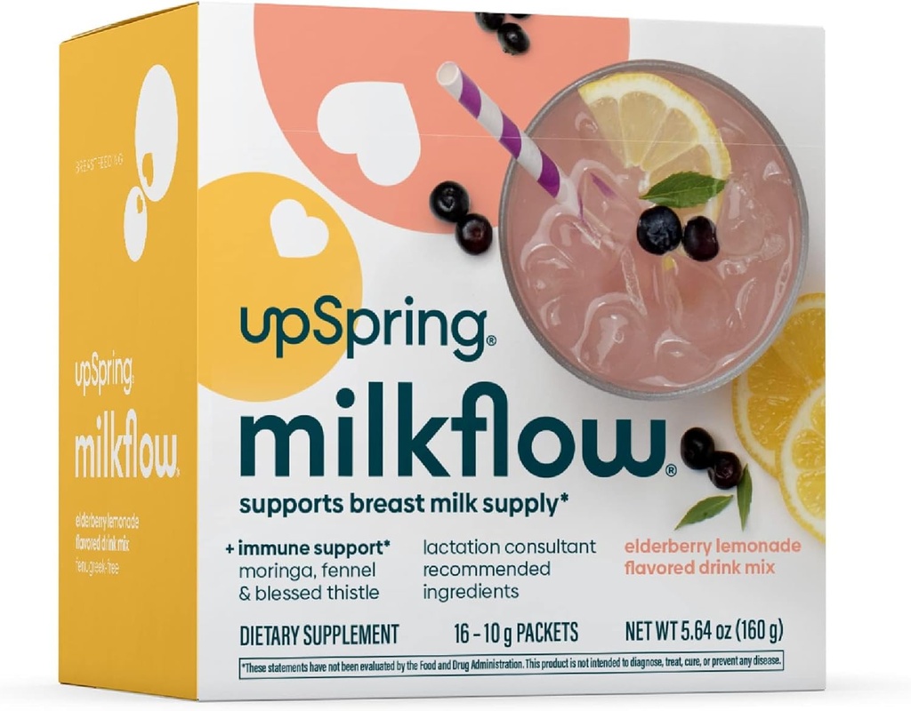 UpSpring Milkflow Imunska podpora Dojenje Dodatna pijača Mix Fenugreek-free, Moringa Elderberry Limonada Okus, Dojenje Dopolnilo za podporo prsi mleko oskrbo, 16 Mešanice