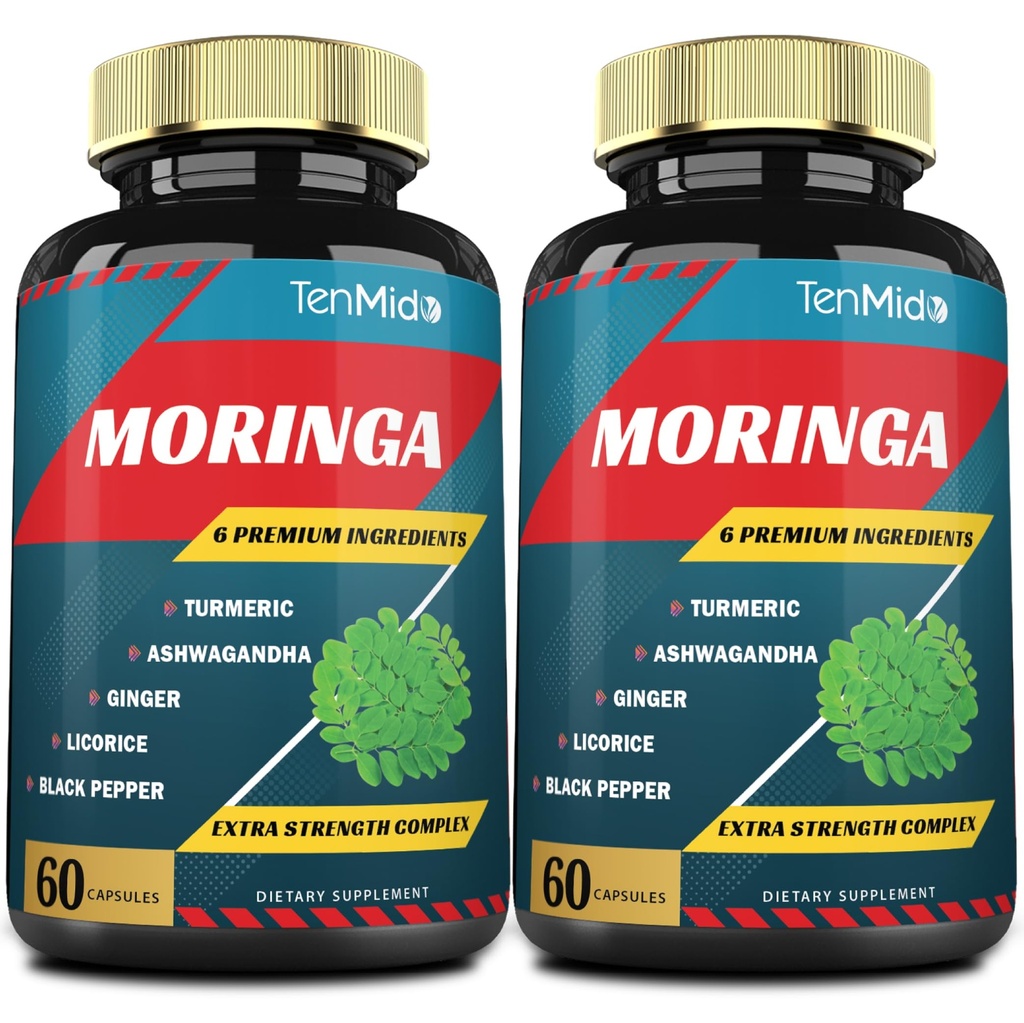 2 Pakiranja Moringa kapsule, 4 Meseci Oskrba s kurkuma, Ashwagandha, ingver, sladki koren, črni poper 