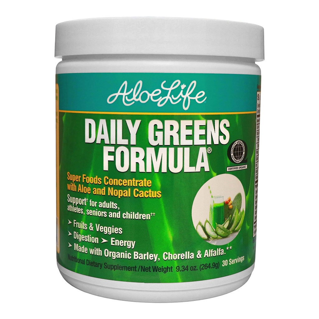 Aloe Life - Daily Greens Powder, QAI-Certified Organic Health Supplement, Antioksidanti, 21 Sadje, Zelenjava, & Zelišča, vključno z Aloe & Nopal Kaktus, nizko-kalorie, Keto-prijatelj, Gluten-free (30 strežb)