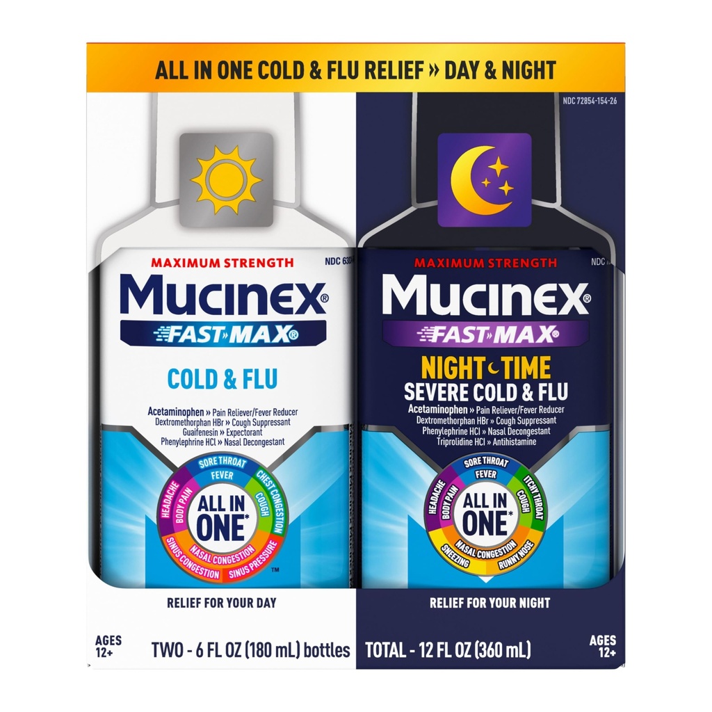 Mucinex hitro-maks hladno in gripa in nočno izmeno Medicina za odrasle, Over-The Counter Medication Combo Pack za boleče lajšanje grla, dekongestiv, kašelj in hladno medicino (2 x 6 Fl Oz)