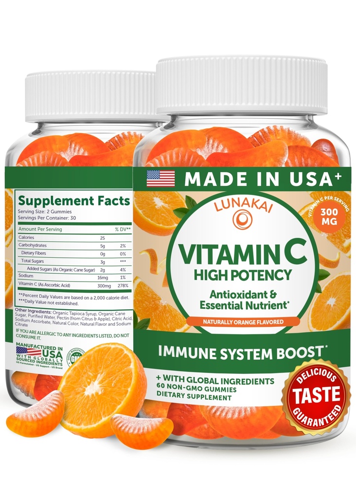 Lunakai ZDA Made High Potency Vitamin C Gumies za odrasle in otroke - 300mg Imunska podpora - Non-GMO, Vegan, Okusna pomarančna aroma, 60ct