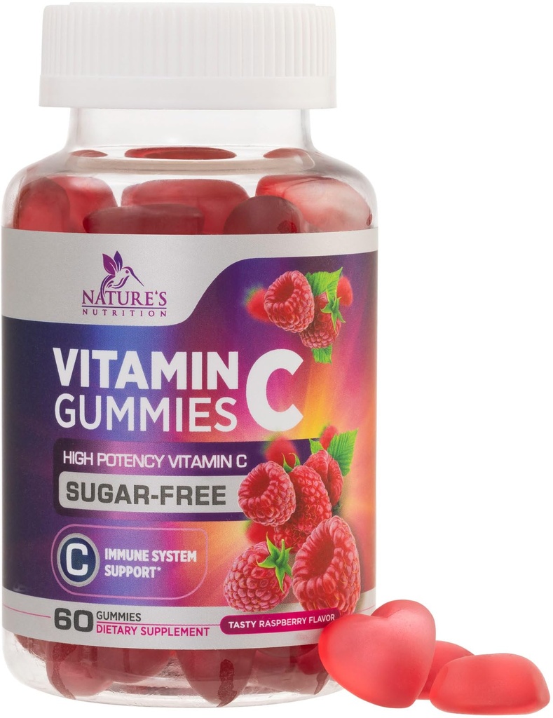 Brez sladkorja Vitamin C Gumies - Imunska podpora & Antioksidant VitaminC Prehranski dodatek - Vegan, Non-GMO, Dairy & Gluten Free C Vitamin Gummy - Malina Okus za otroke in odrasle - 60 Count Gumies