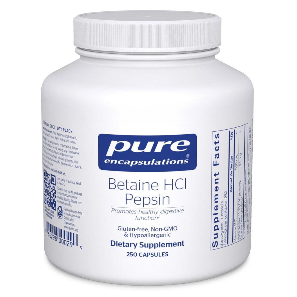 Čiste enkapsulacije Betain HCl Pepsin - Prebavne encime Dopolnilo za pomoč in podporo pri prebavi, Absorpcija želodčne kisline in hranil* - z Betain HCl Pepsin - 250 kapsul