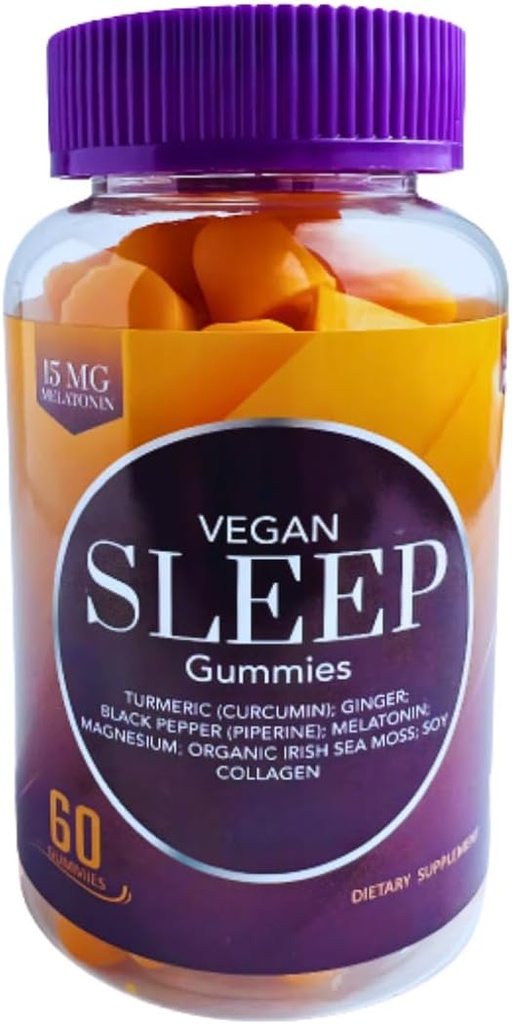 Veganski uspavalni gumiji za odrasle – Bio-Sleep FusionTM z melatoninom, magnezijem, kurkom, ingverjem, morskim mossom in kolagenom – naravna podpora za spanje, razbremenitev stresa, zbuditev osvežena – 60 Count
