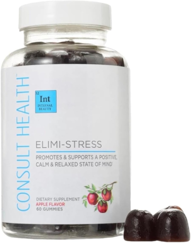 Consult Health - ELIMI-stress Vegan Gummies - Stress Relief dodatek - zmanjšanje utrujenost - Natural Apple Flavor - Ashwagandha Root & Leaf Extract - Tumerski ekstrakt - Caffeine Free - 60 Count