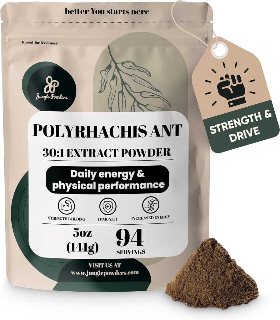 Jungle Powders Črna mravlja ekstrakt prahu 30:1 Koncentracija, 94 Servings - 5 Unces Pure Polyrhachis Črna mravlja dodatek, Filler Free Changbai Mountain Ant Tradicionalna moška zdravstvena podpora za vožnjo