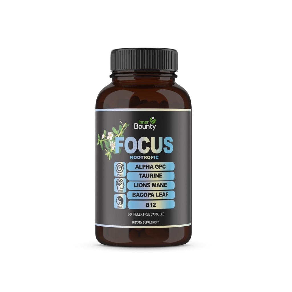 Fokus 14-v-1 Nootropic Brain Supplement z Lions Mane, Alpha GPC Choline, Vitamin C & B12, Taurin, Bacopa - Energija, kognitivna, spominska podpora, 60 Filler proste kapsule