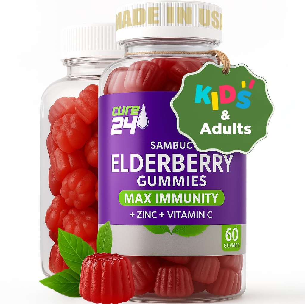 Sambucus Elderberry Gumies + vitamin C + cink za otroke in odrasle, X3 Imunska podpora, naravne arome + sestavine, Vegan, Non-GMO, Made in USA (60)