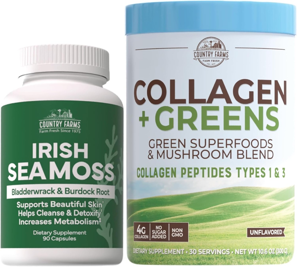 Podeželske kmetije „Beauty Pack Collagen + Greens Irish Sea Moss, Collagen za kožo, rast las, nohti in sklepi, Ultimate Beauty Support Gift, Pack po 2