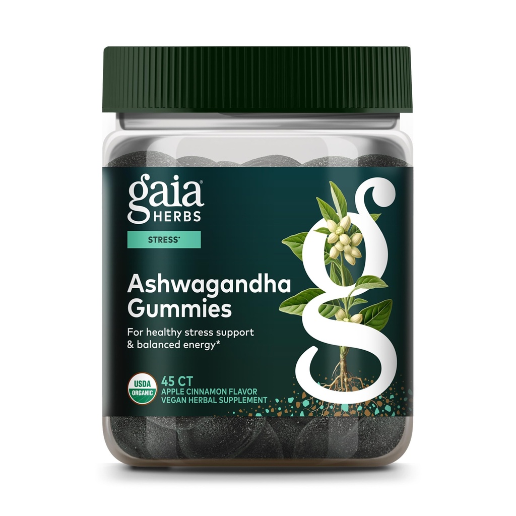 Gaia Herbs Organic Ashwagandha Gumies, Stress podpora, Cimet, Ginger, Gluten Free, Vegan, 45 grof