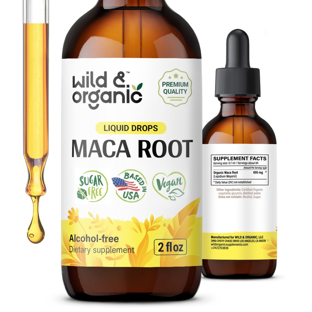 Wild & Organic Maca korenske kapljice za ženske in moške - Mood, Fokus, Active Lifestyle - Perujski Maca dodatek - Vegan, Sladkor & Alkohol brez Tinkture - 2 fl oz