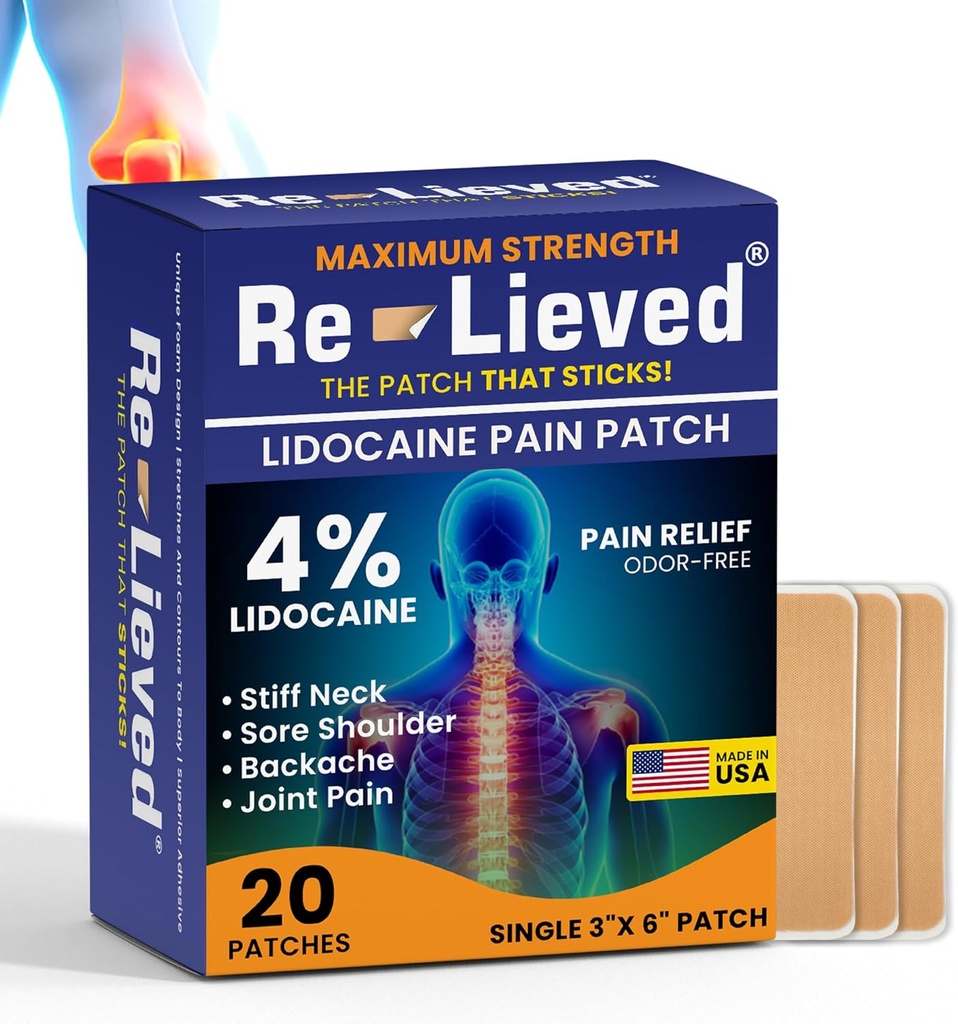 Re-Lieved 4% Lidocain obliži Največja moč - Aluminij-brez, voda odporna in ZDA Made -Superior Sticking Pain Relief obliži hitro sprosti nazaj, sklepov in bolečine mišic-3x6 Inches (20 Count)