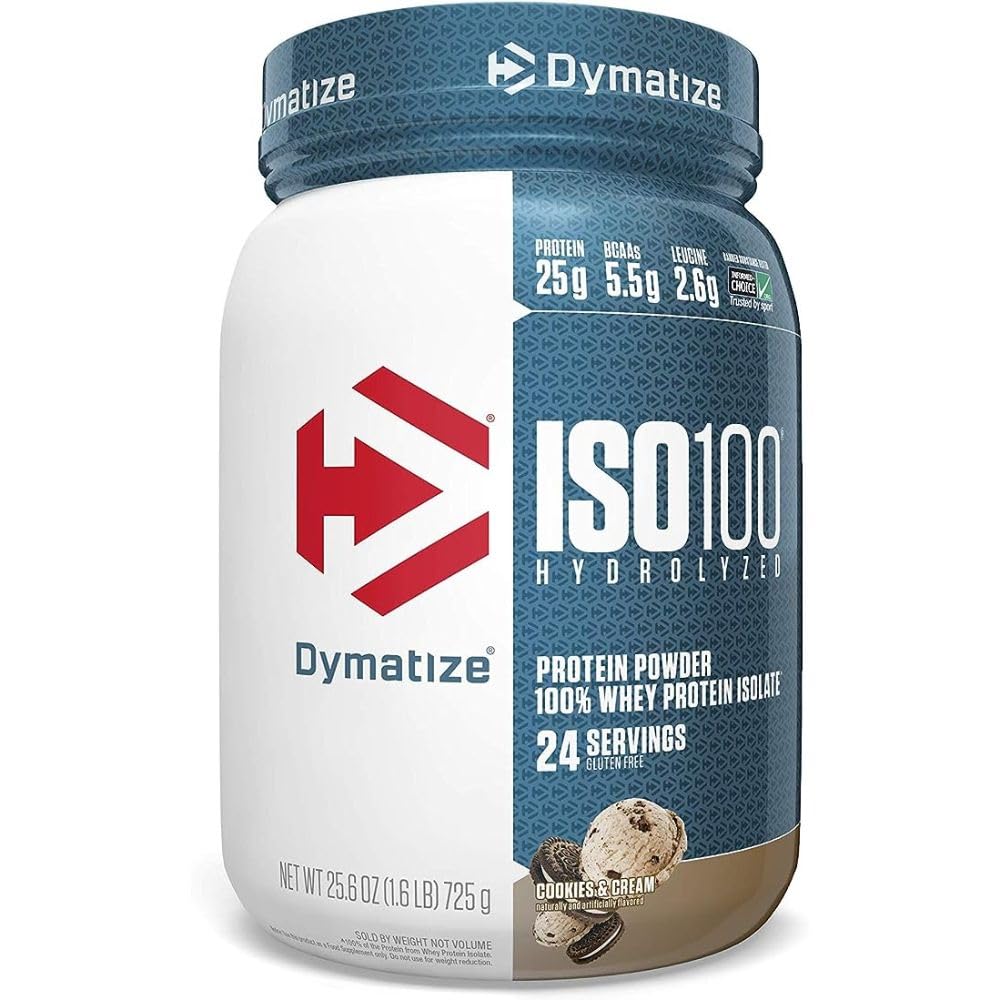Dymatize ISO100 Hidrolizirani proteini v prahu, 100% sirotkini izolati beljakovin, 25 g beljakovin, 5,5 g BCAA, brez glutena, hitro absorbiranje, enostavno prebavljanje, piškotki in krema, 1.6 funt