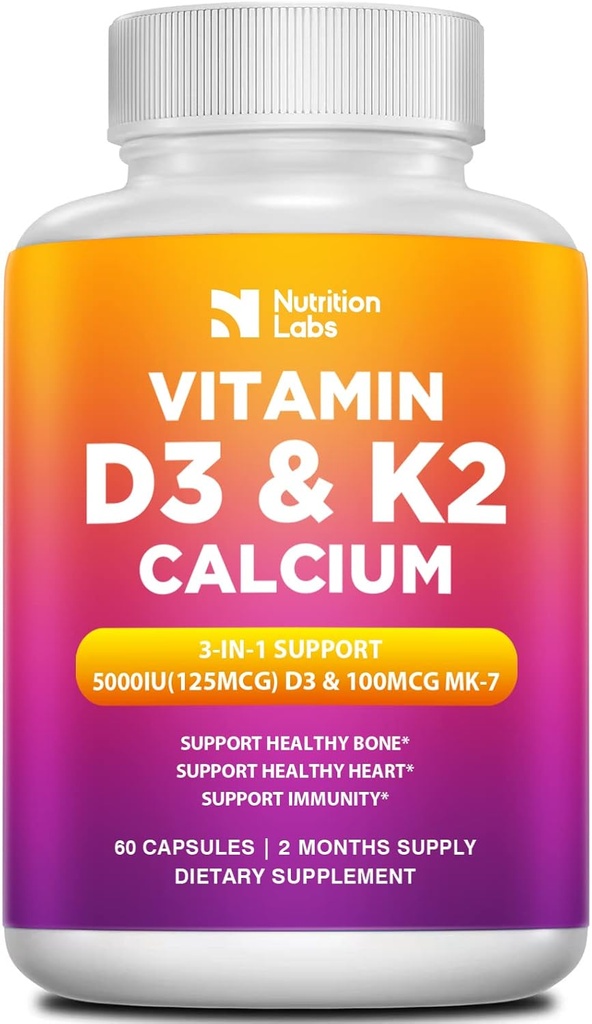 Vitamin D3 K2 5000 i.e. dodatek s kalcijom, multivitamini podpira imuno zdravje, močne kosti, zobje in srce funkcije z ekstraktom črnega popra 60 (Pack of 1)