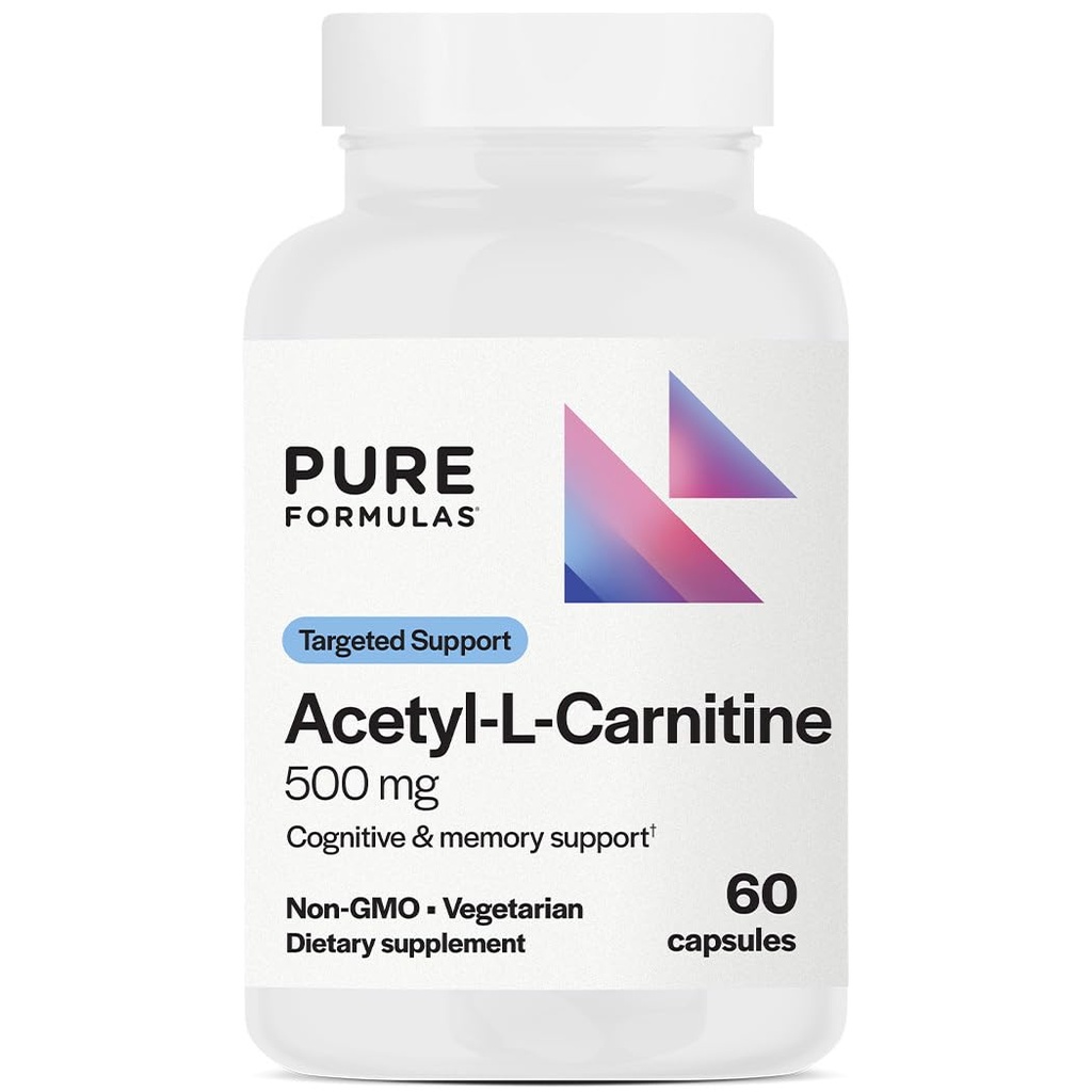 PureFormulas Acetil L-karnitin Kognitivno in spominska podpora L Carnitine Supplement for Brain, Focus, & Caliness Alcar, 500mg Dairy Free Non-GMO 60 kapsul
