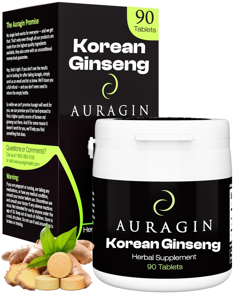 Auragin® avtentična korejska rdeča ginseng – Izdelano v Koreji – 6 Leto korenine – Brez dodatkov ali drugih sestavin – 100% rdeča panax ginseng v vsaki tableti