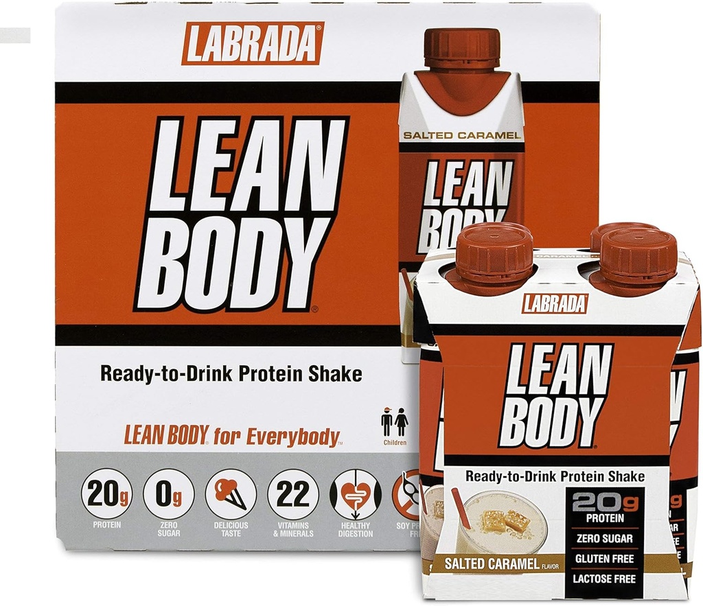 Hranilna mešanica LABRADA - Lean Body RTD Whey Protein Shake, Udoben na-the-Go Meal zamenjava Shake za moške in ženske, 20 gramov beljakovin – nič sladkorja, laktoza in gluten brez, soljena karamela (Pack of 16)