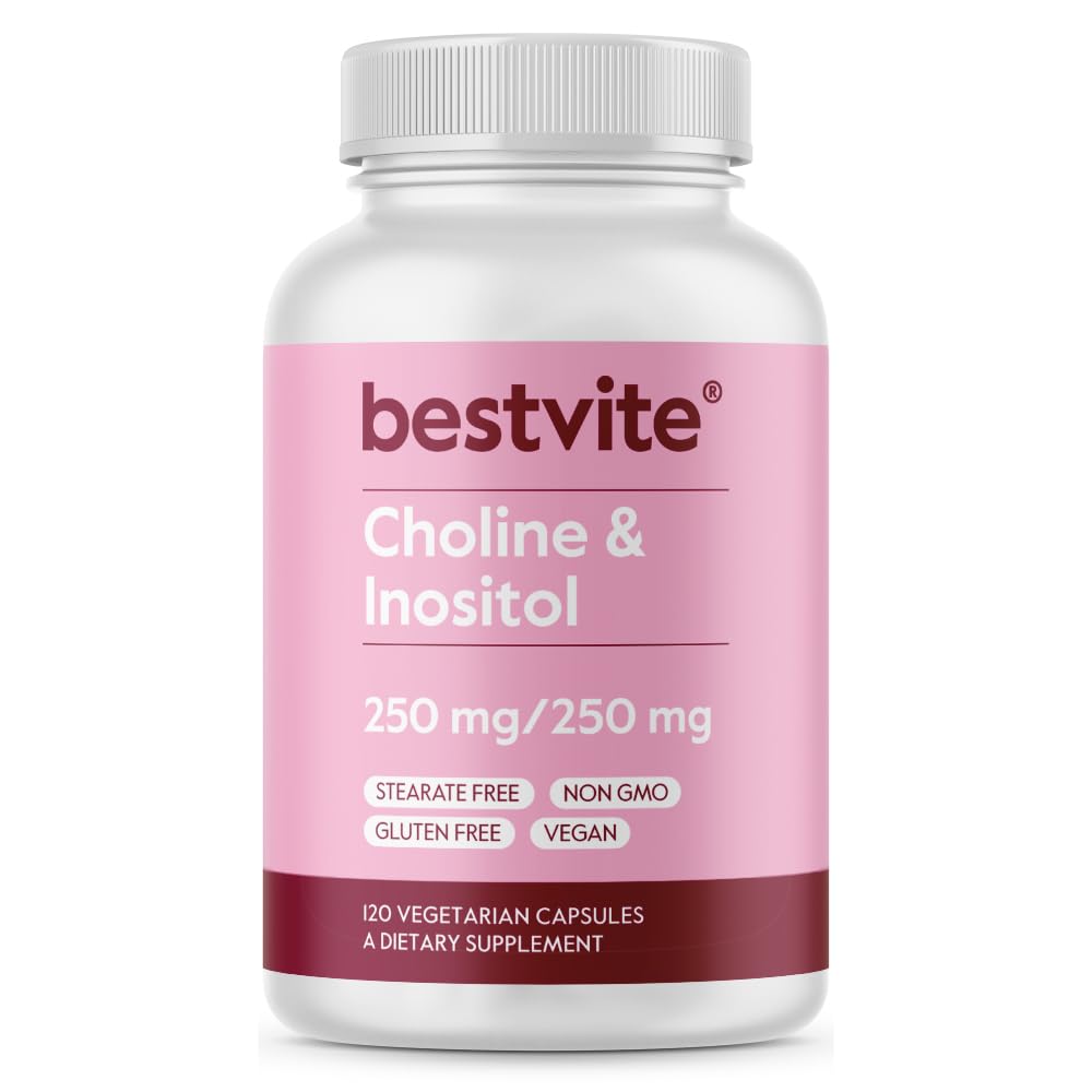 BESTVITE holin inozitol 500 mg (120 vegetarijanskih kapsul) - brez stearat - brez polnil - brez dikalcijevega fosfata - vegan - brez GSO - brez glutena
