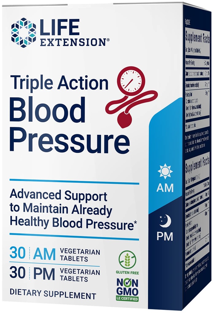 Life Extension Triple Action Krvni tlak, Heart Health Supplement, quercetin, stevia Extract, melatonin, Jutranja in nočna podpora, Gluten-free, Non-GMO, Vegetarian, 60 tablet