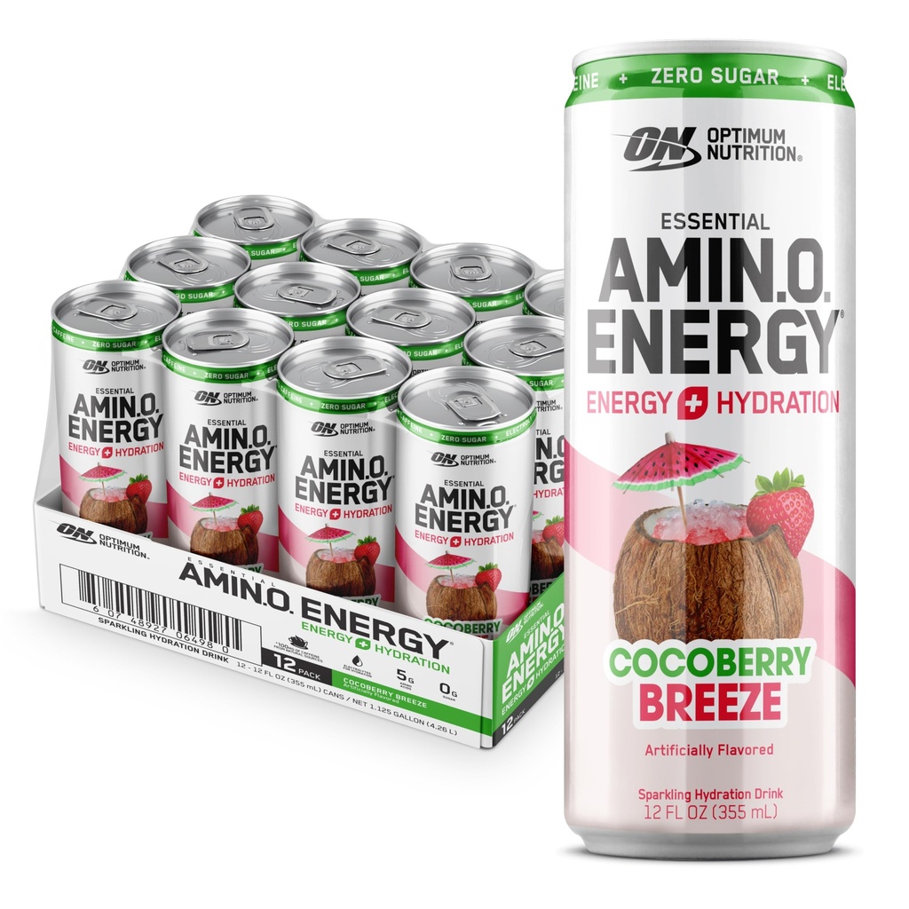 Optimum Nutrition Amino Energy Sparkling Hydration Drink, Elektroliti, kofein, Aminokisline, BCAA, Brez sladkorja, Cocoberry Breeze, 12 Fl Oz, 12 Pack (Packageing May Vary)