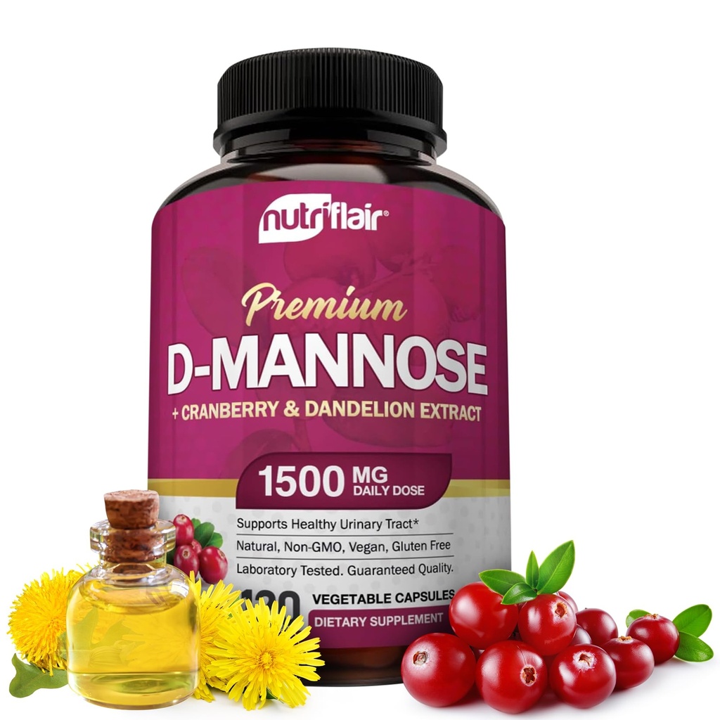 NutriFlair D-mannose 1200mg, 120 Kapsule - z brusnica in Dandelion Extract - Naravne urein Tract Health UTI Podpora - Najboljši D manoze v prahu - Flush nečistoče, Detox telo, za ženske in moške