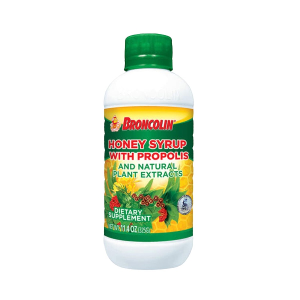 Broncolin Medeni Sirup z Propolis, Sirup z naravnimi rastlinskimi izvlečki za osvežitev grlo, naravne sestavine, Elderberry, Eucalyptus, Peppermint Oil, 11.4 Oz, steklenica